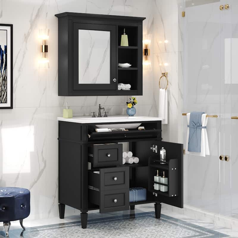 Roomfitters 30" Vanity with Sink, Cabinet with 2 Drawers and Tip-out Tray, Set with Mirror Cabinet, Freestanding Design