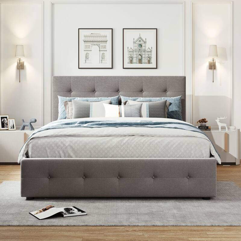 Upholstered Platform Bed with 2 Drawers and 1 Twin XL Trundle - Light Gray