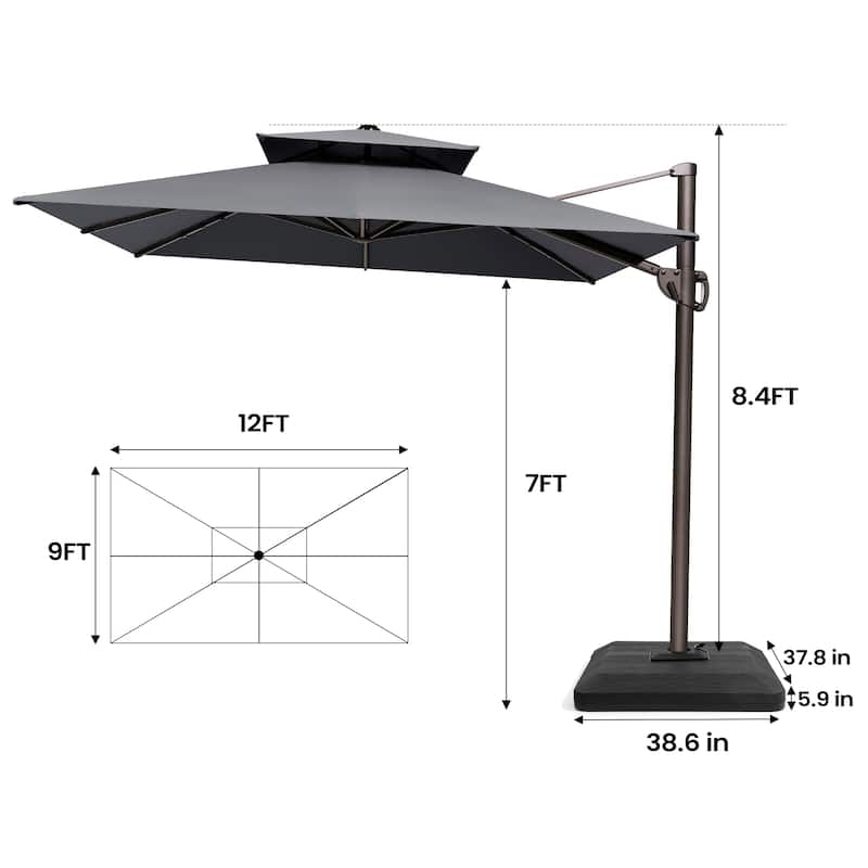 9 FT x 12 FT Outdoor Patio Dual Top Umbrella Cantilever Offset with Premium Base