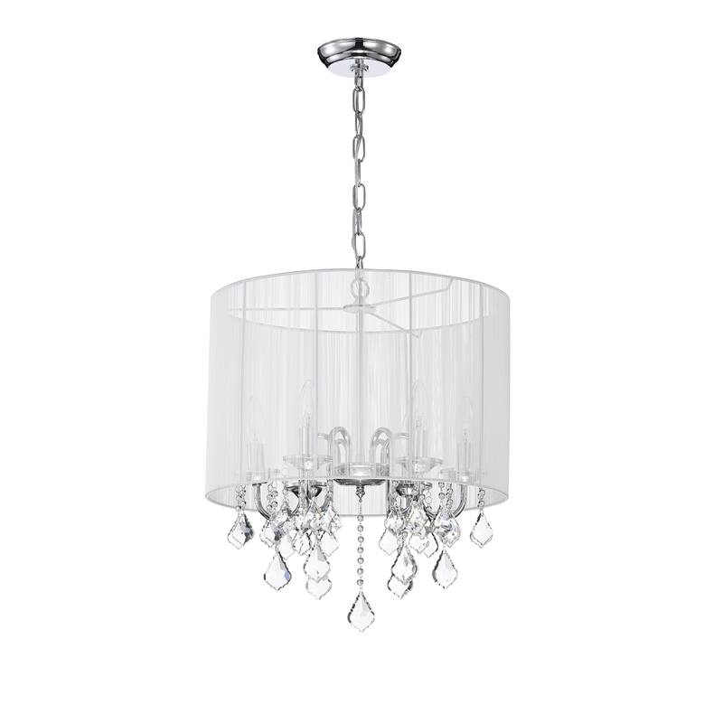 Chrome 6 -Light White Threaded Drum Shade Chandelier with Crystal