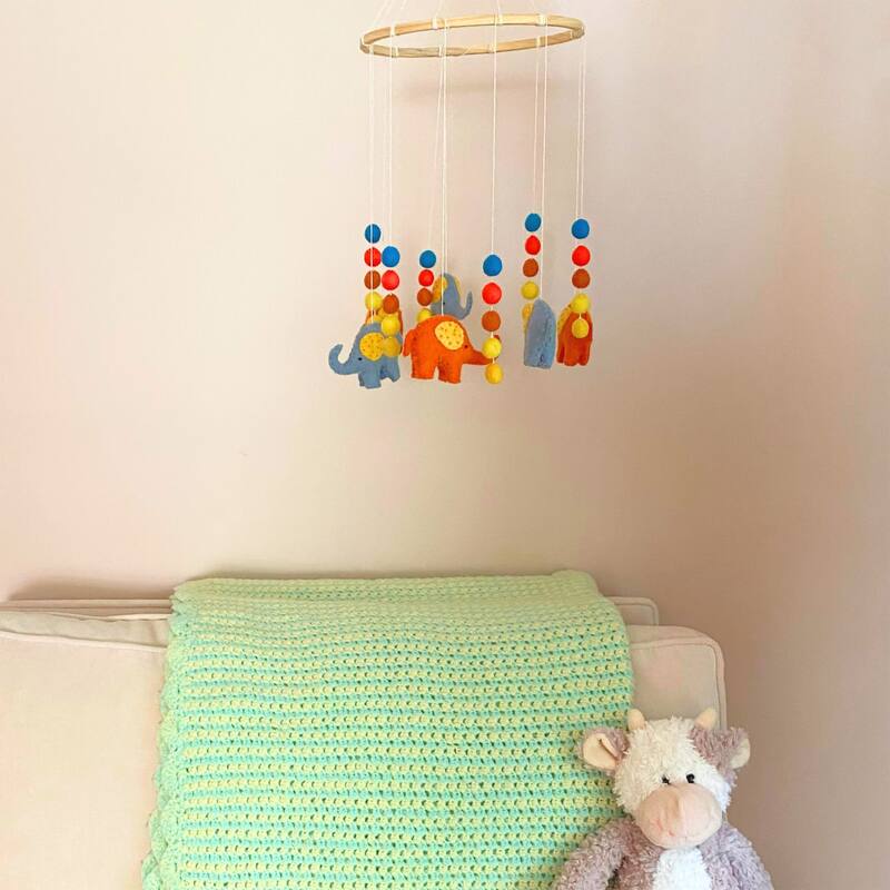 Handmade Blue and Orange Elephant Felt Nursery Mobile