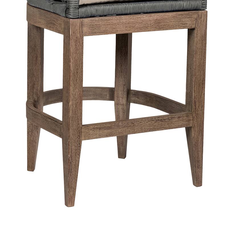 Orbit Boho Gray Rope and Solid Eucalyptus Wood Outdoor Bar Stool with Taupe Olefin Cushions