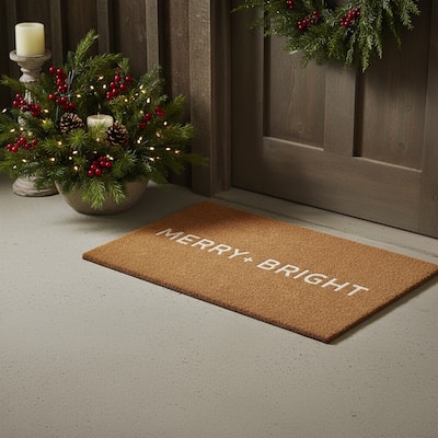HomeRoots 17" X 29" Brown And White Christmas Merry and Bright Outdoor Coir Door Mat - 17.00' X '29.00