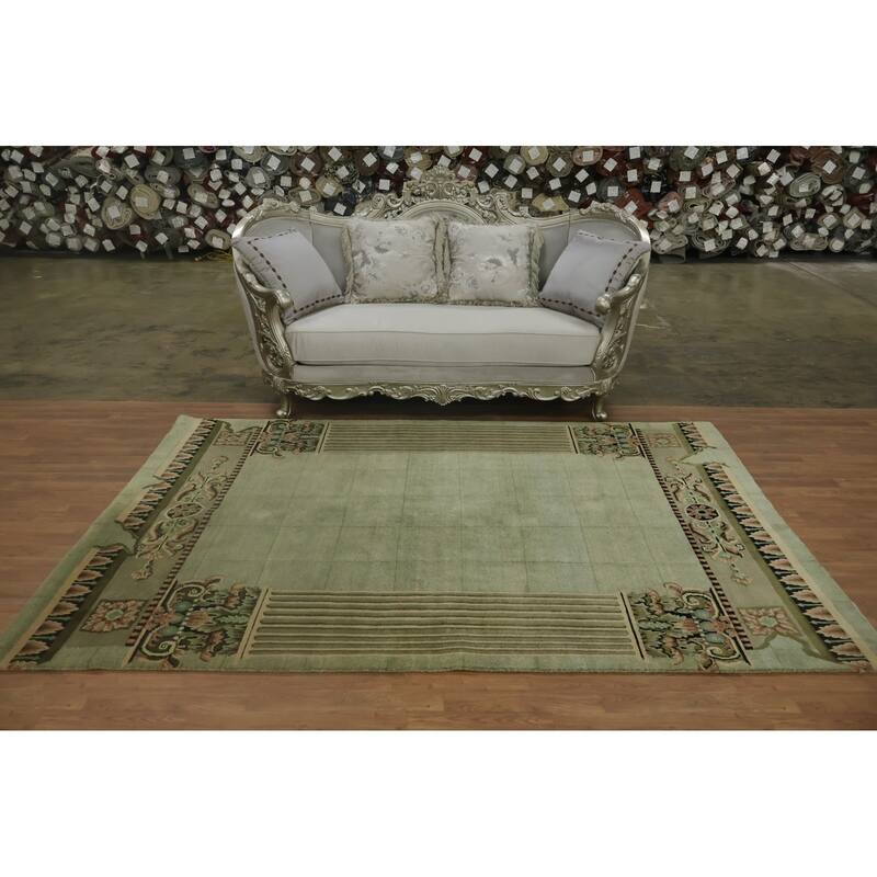 Hand Knotted Oriental 100% Wool Carpet Modern Geometric Green Nepalese Area Rug - 9' 0'' X 6' 0''