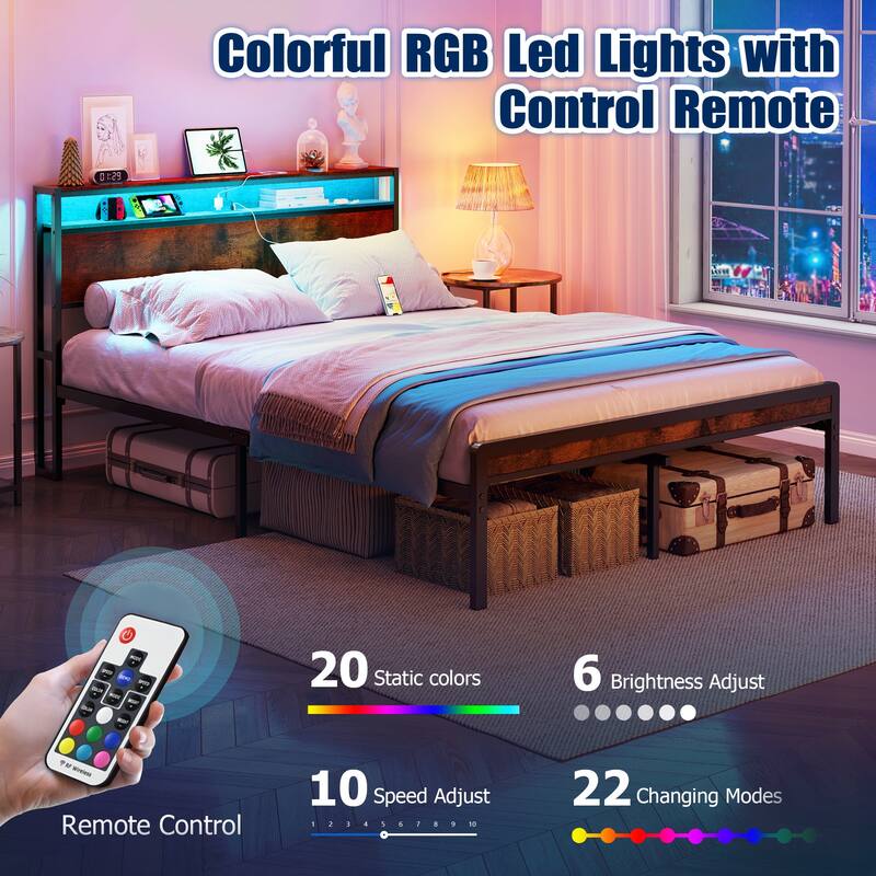 Full Size Metal Bed Frame With Headboard And Footboard, LED Lighting, Heavy Duty Mattress Foundation With Steel Slat Support