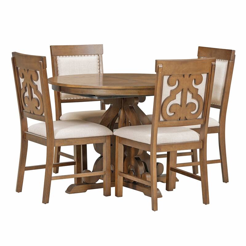 5-Piece Retro Dining Set, Extendable Table and 4 Upholstered Chairs