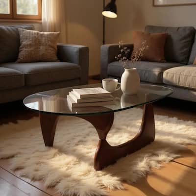 HomeRoots 54" Clear and Walnut Glass and Wood Abstract Triangle Coffee Table - 54 in. x 42 in. x 4.2 in.