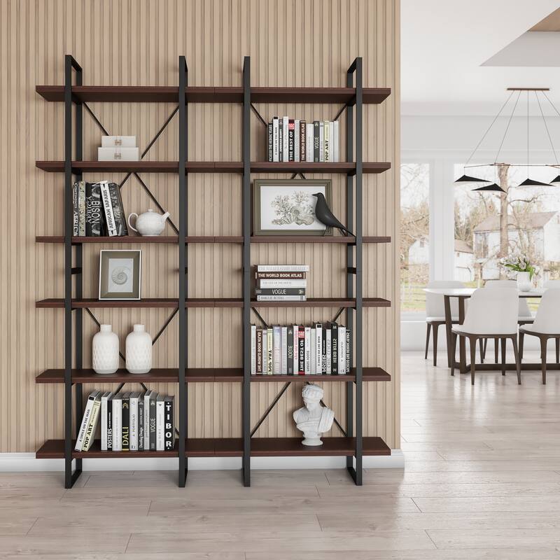 Davee 6-tier Dark Walnut color Display and Storage Bookshelves - 86" H x 70.8" W x 12.5" D - Dark Walnut - 86" H x 70.8" W x 12.5" D