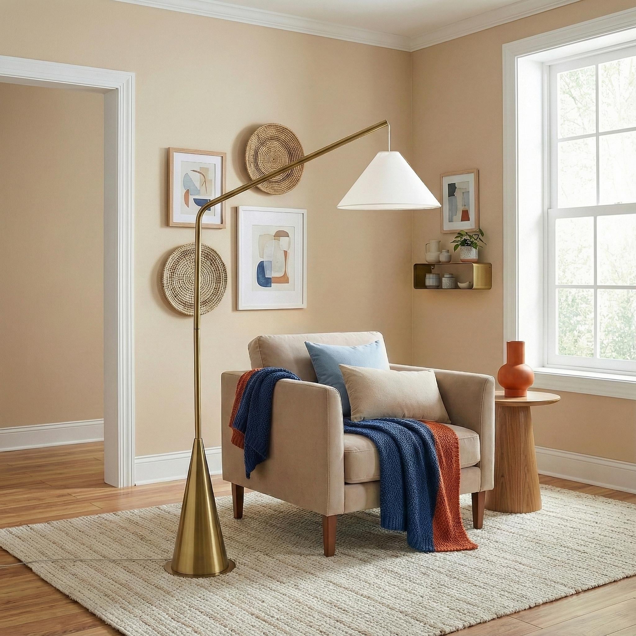 Linda Brushed Brass Floor Lamp with White Fabric Shade