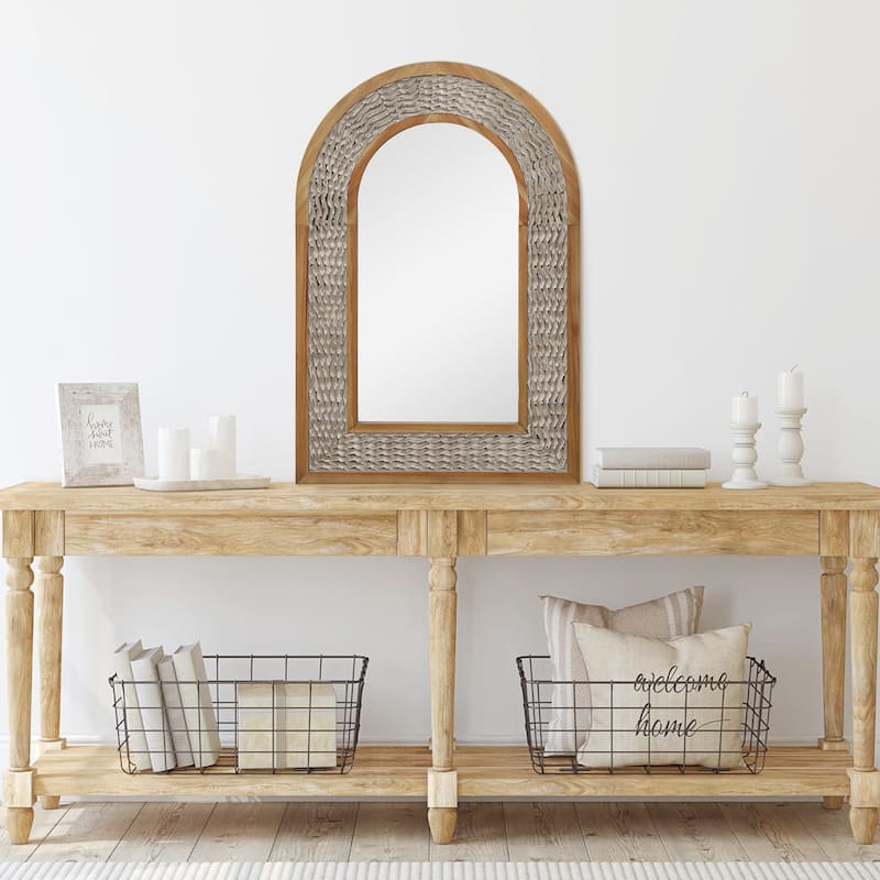 Rustic Farmhouse Wall Mirror, Natural Wood Decorative Vanity Mirror for Bedroom, Living Room, Bathroom, Entryway