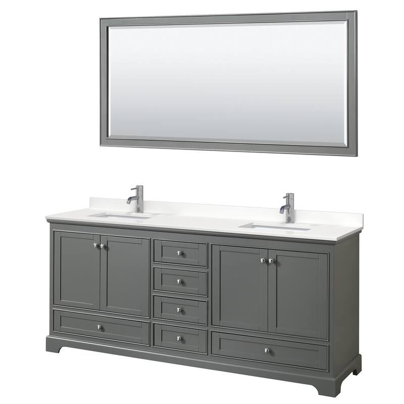 Deborah 80-inch Double Vanity, Quartz Top, 70-inch Mirror - Dark Gray, Chrome Trim, White Quartz Top