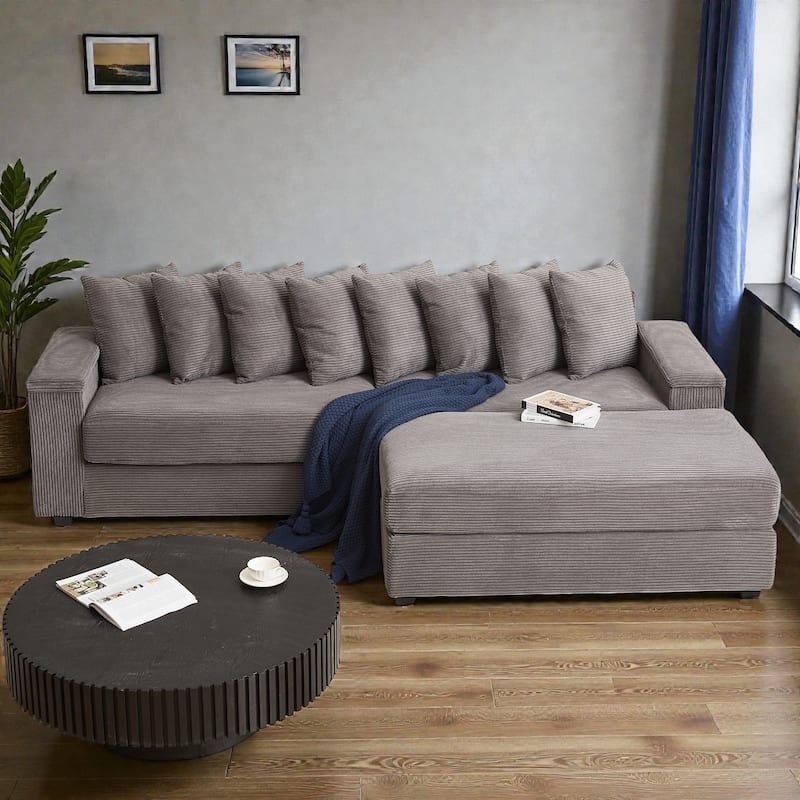 Oversized L Shaped Sectional Sofa with Chaise, Corduroy Upholstered Couch with Armrest Storage and Ottoman - Grey