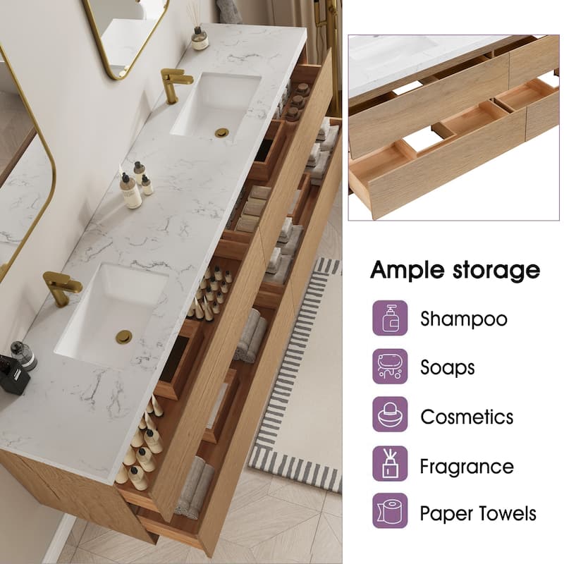 Sylphar 84 inch Bathroom Vanity with Sink, Floating Oak Cabinet with Stone Top