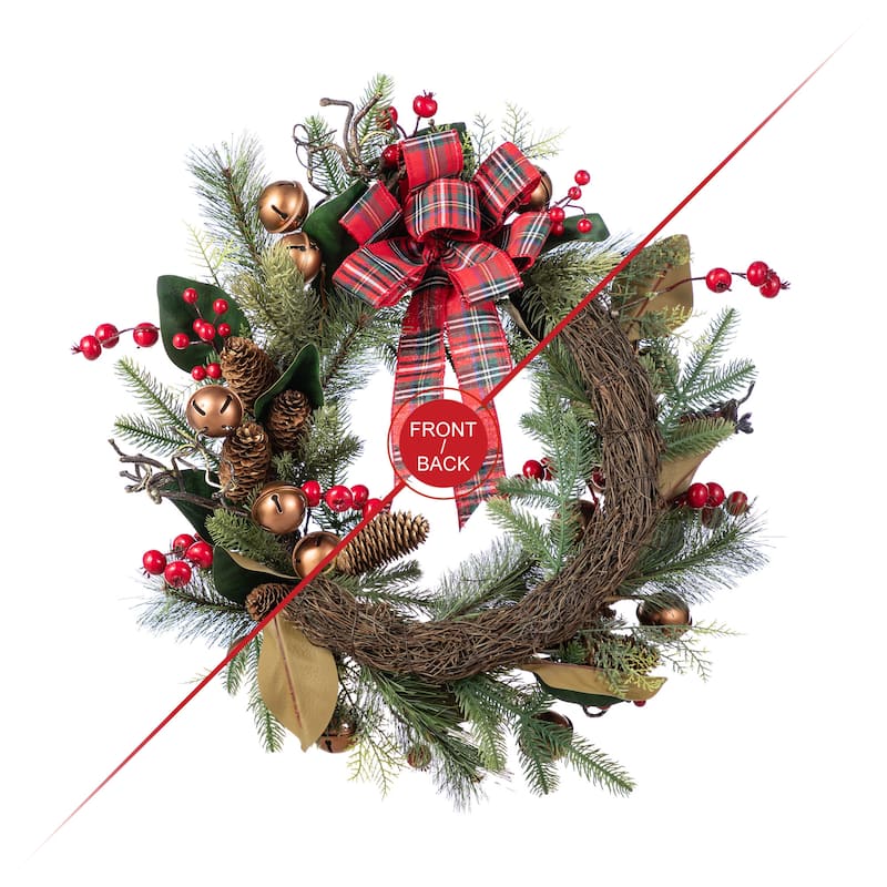 Glitzhome 24"D Christmas Pinecone Berry Wreath with Fabric Santa or Snowman Ornaments