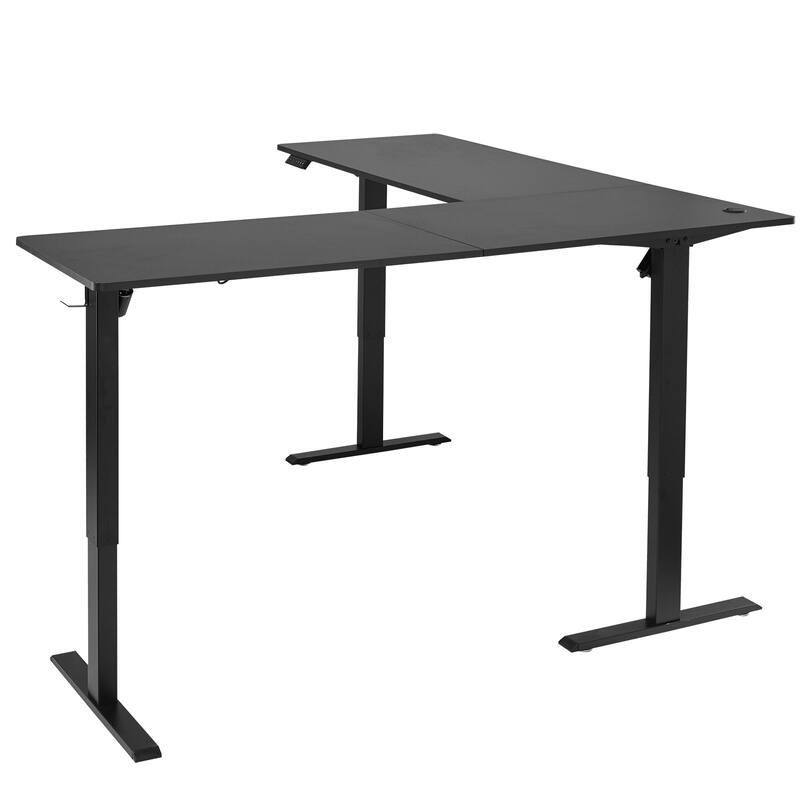 Black Particleboard L-Shaped Electric Desk with Dual Motors, Hooks and Memory Panel