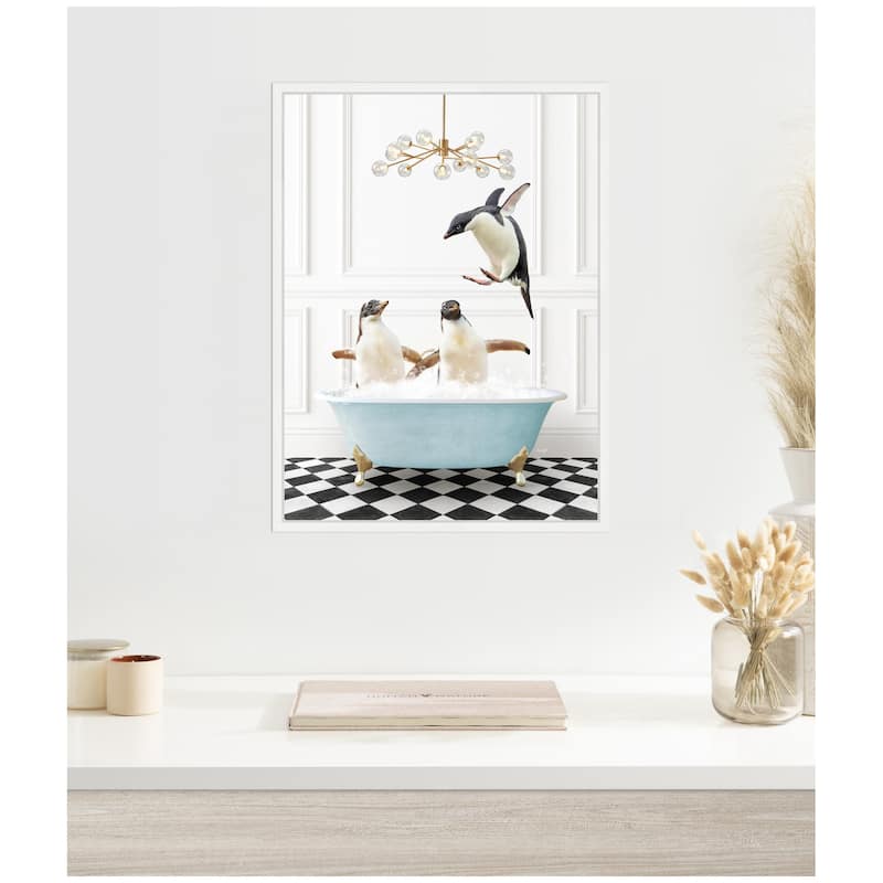 Kate and Laurel Sylvie Penguins in Blue Bathtub on Checker Floor Framed Canvas by Amy Peterson