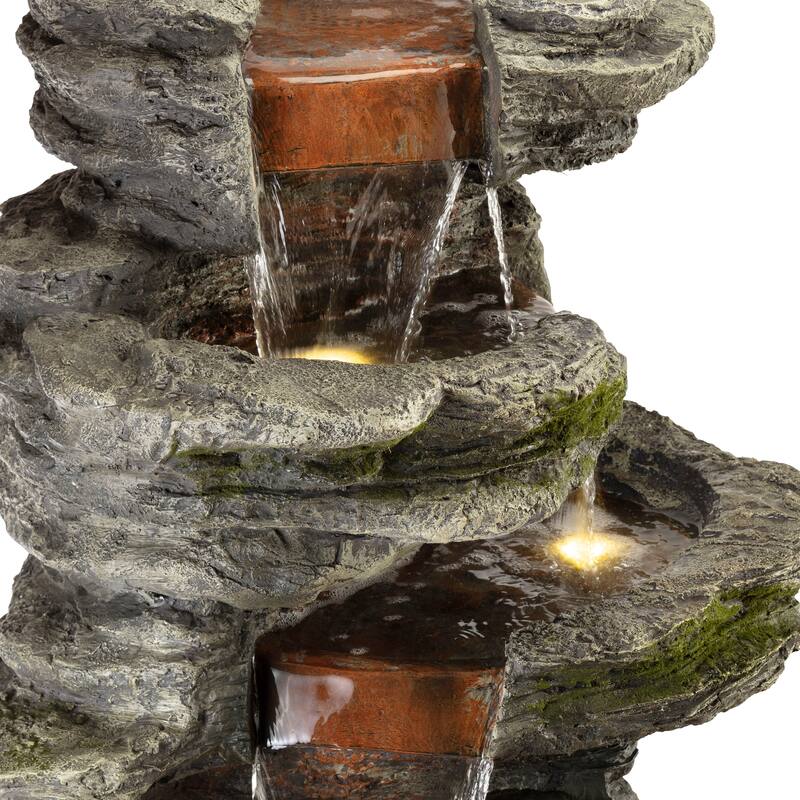 Alpine Corporation WIN1146 58" Gray Outdoor Floor 8 Tier Rock Water Fountain with LED Lights