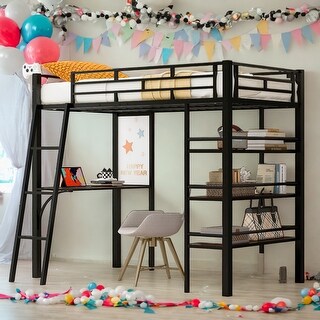 Twin Size Loft Metal Bed with 3 Layers of Shelves and Desk, Stylish Metal Frame Bed with Whiteboard,Easy Assembly,Black