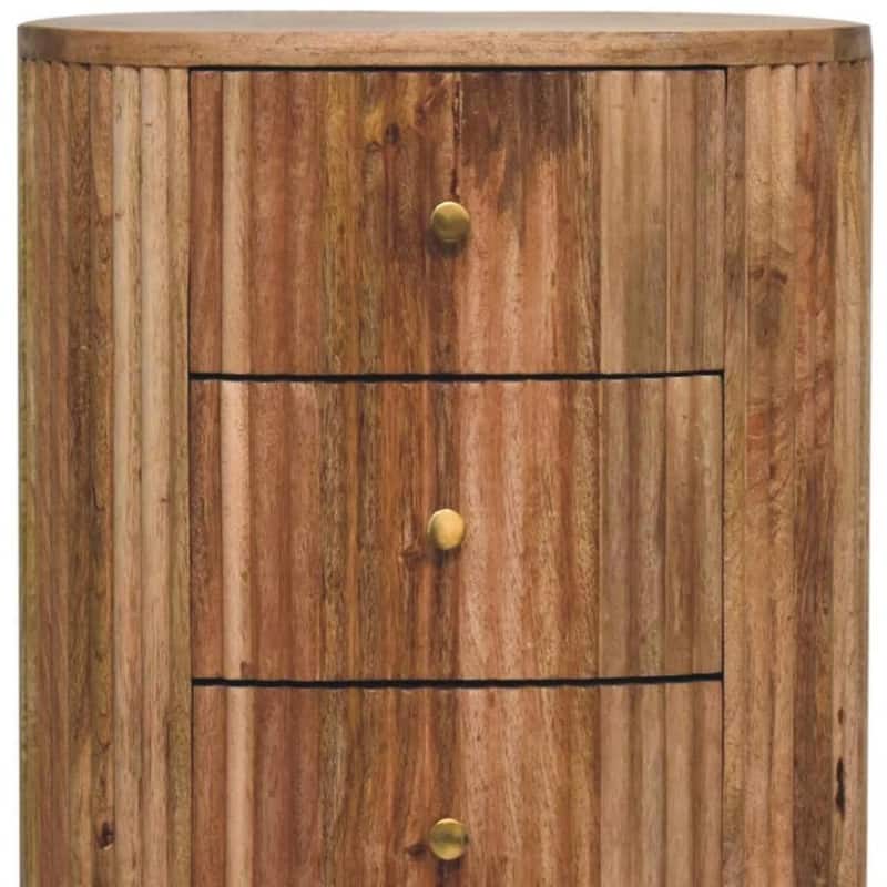 HomeRoots 23" Natural Solid Wood Ribbed Texture Round Three Drawer Nightstand