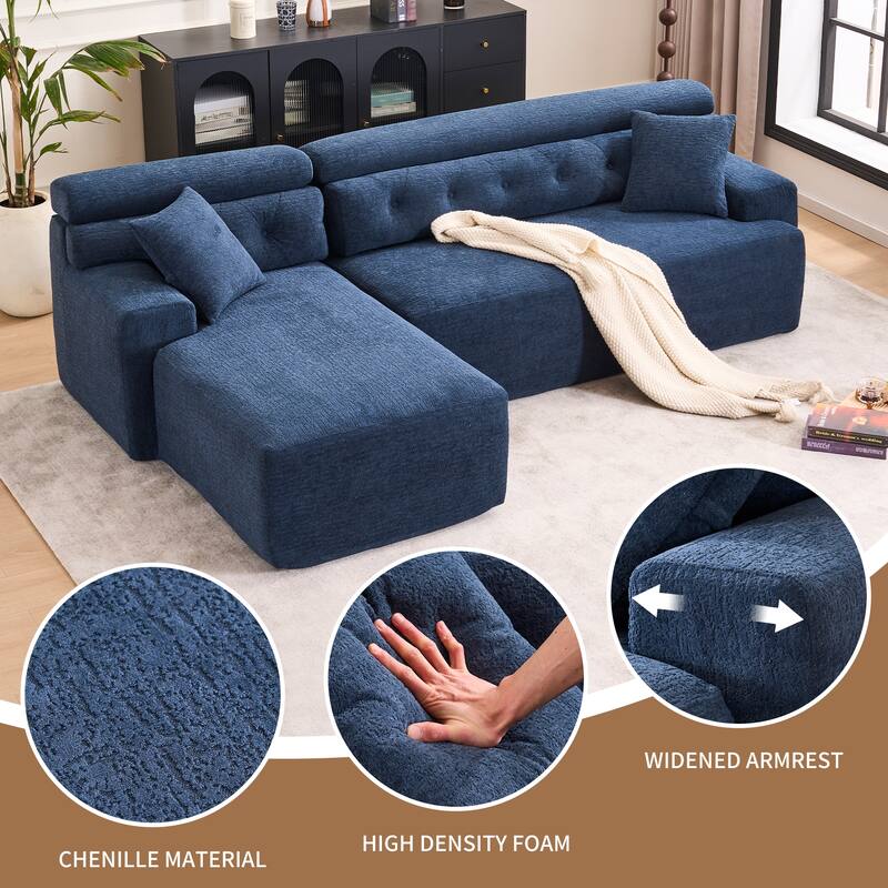 Combining Chaise Longue With 3-Seater, Wood Grain Chenille Fabric, Full Sponge Compression Sofa,Combined Sofa With 2 Pillows