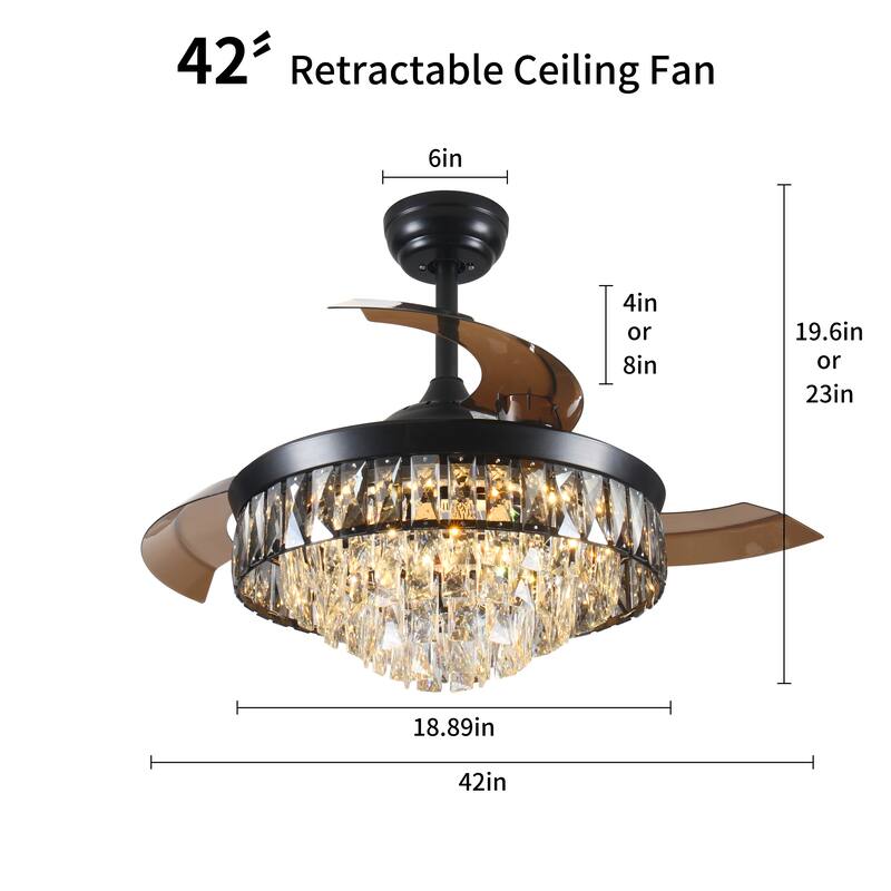 42" Invisible Ceiling Fan Chandelier Light, Crystal Ceiling Fan Light with Remote Control and 3 Retractable Blades