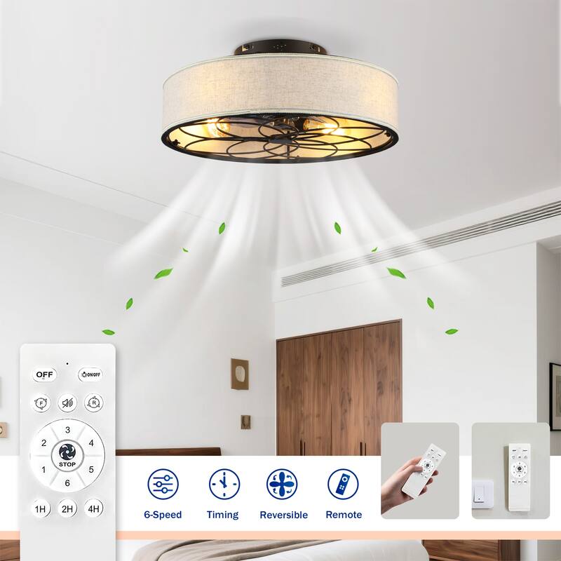 Sofucor 20 Inch Caged Ceiling Fans Flush Mount,Low Profile Fabric Farmhouse Ceiling Fan with Remote Control - N/A
