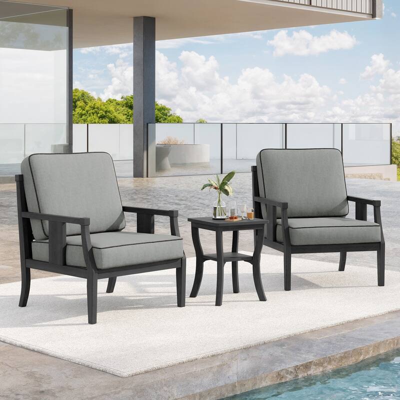 3-Piece Teak Wood Outdoor Armchair Set with Side Table, Cushions, Patio Seating Sets - Dark Wood - Grey