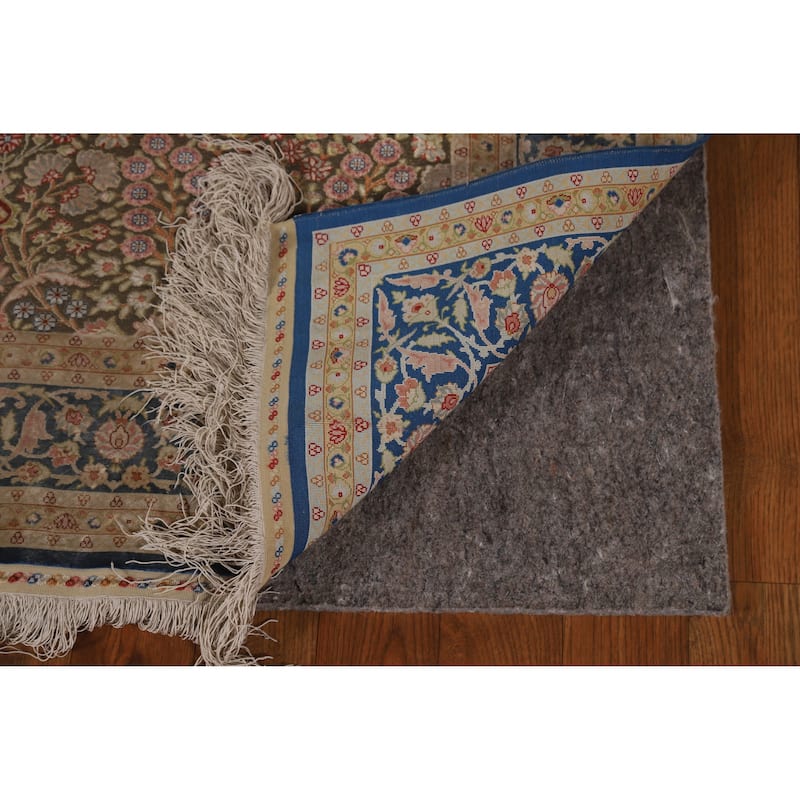 Hand Knotted Oriental Silk & Silver Carpet Traditional Floral Green Qum Area Rug - 5' 6'' X 3' 7''