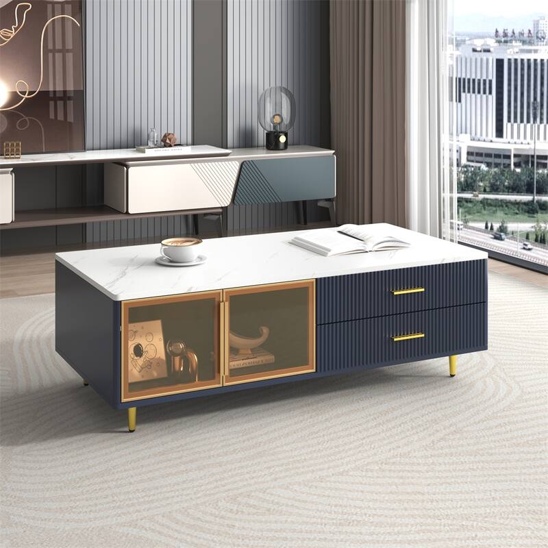 Coffee Table with 2 Glass Door, 4 Drawers and Gold Metal Legs