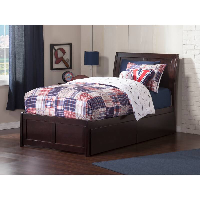 Natural Wood Platform Bed with Drawers - Modern Sleigh Style Bed Frame - Full, Queen, King Sizes