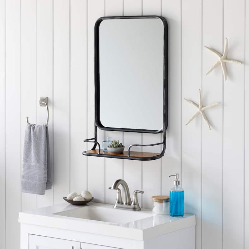 Rowanne Traditional Silver Mirror With Wood Shelf - Silver
