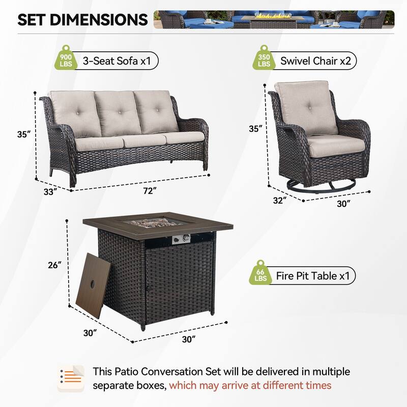 Fire Pit Table with Sofa and 2 Swivel Chairs Brown-Beige - Brown
