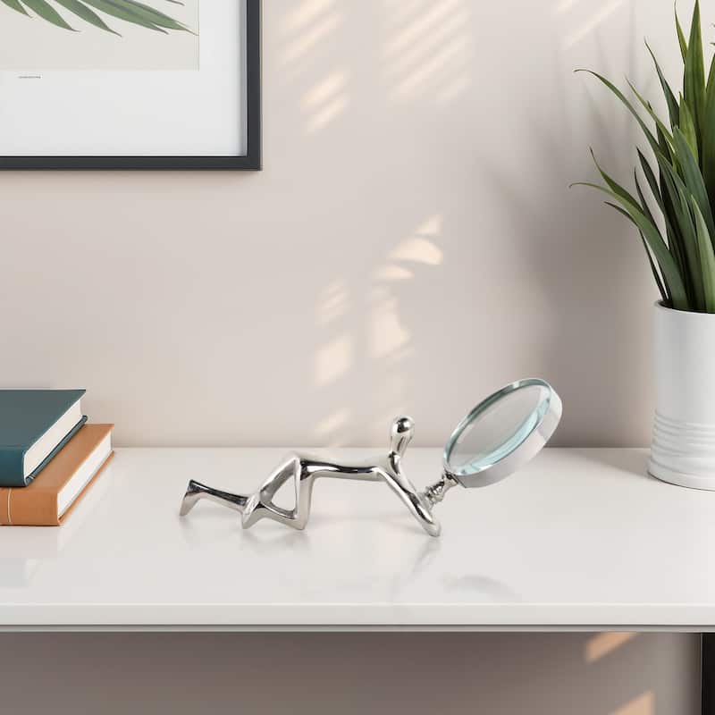 Glass Metal Decorative Object Human Figure Holding Magnifying Glass - Silver/ Metallic - 9" x 3" x 3.5"