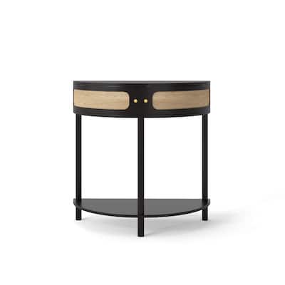 31.88" Half Moon Shaped End Table, Solid Wood Semi Circle Entryway Console Table with 2 Rattan Doors and Bottom Shelf