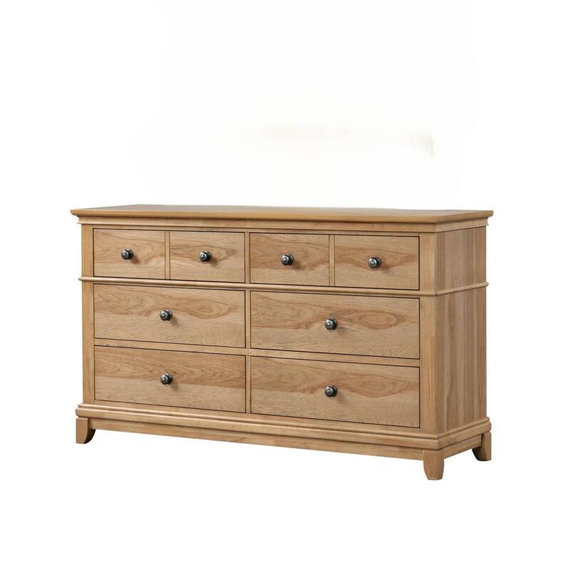 Lexa Wide Dresser, 6 Drawers, Natural Oak Brown Solid Wood, Pewter Metal