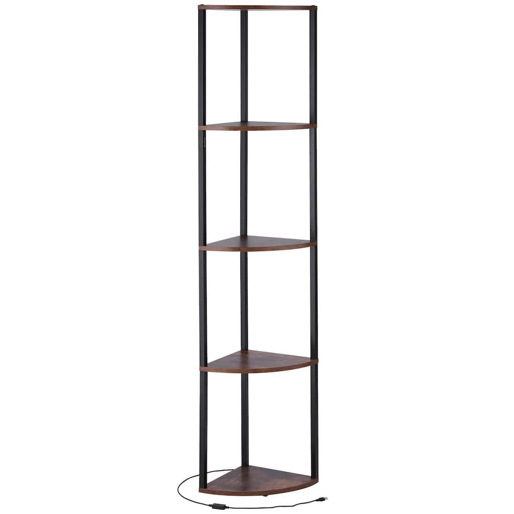 5-Tier Black-Brown Metal-Wooden Corner Shelf with LED Lighting for Home or Office Storage - 11.6 x 11.6 x 64 in