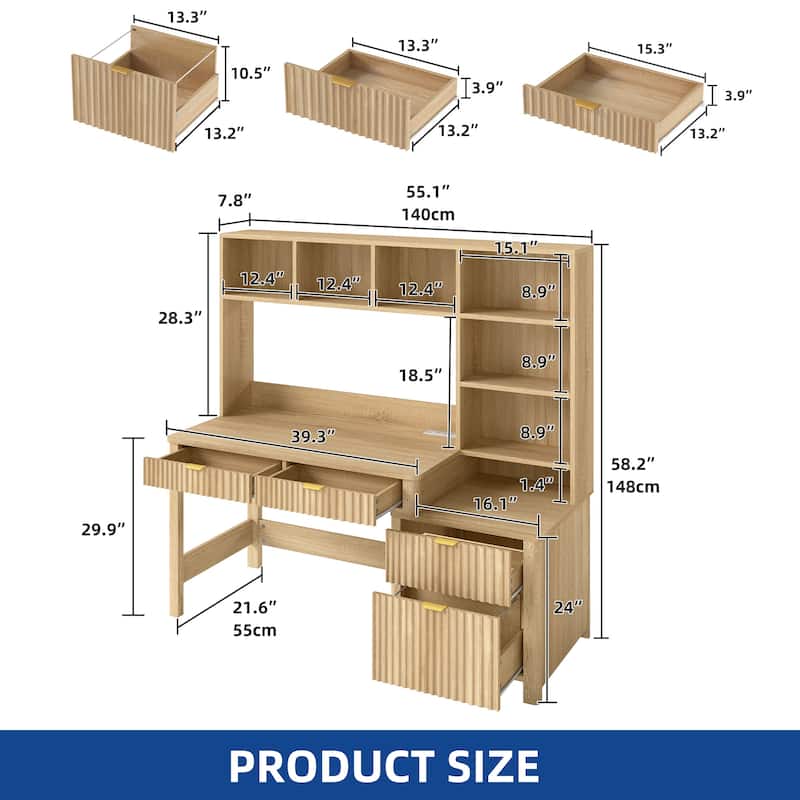 Moasis L Shaped Computer Desk with Hutch and Drawers Home Office Desk w/LED Light and Power Outlets