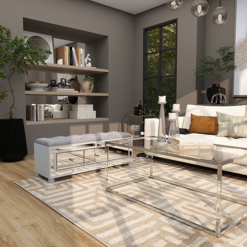 Gray Velvet Mirrored 3 Drawer Room Storage Bench with Upholstered Seat