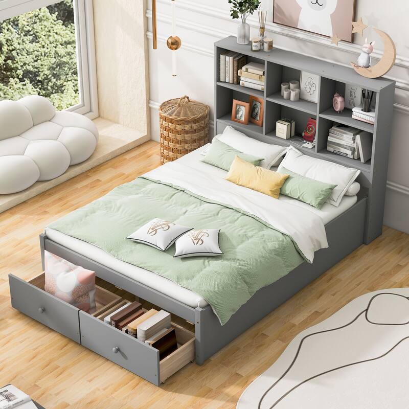 Full Size Bed Frame with Storage Headboard, Charging Station, and Two Drawers, Pine Wood & MDF Construction