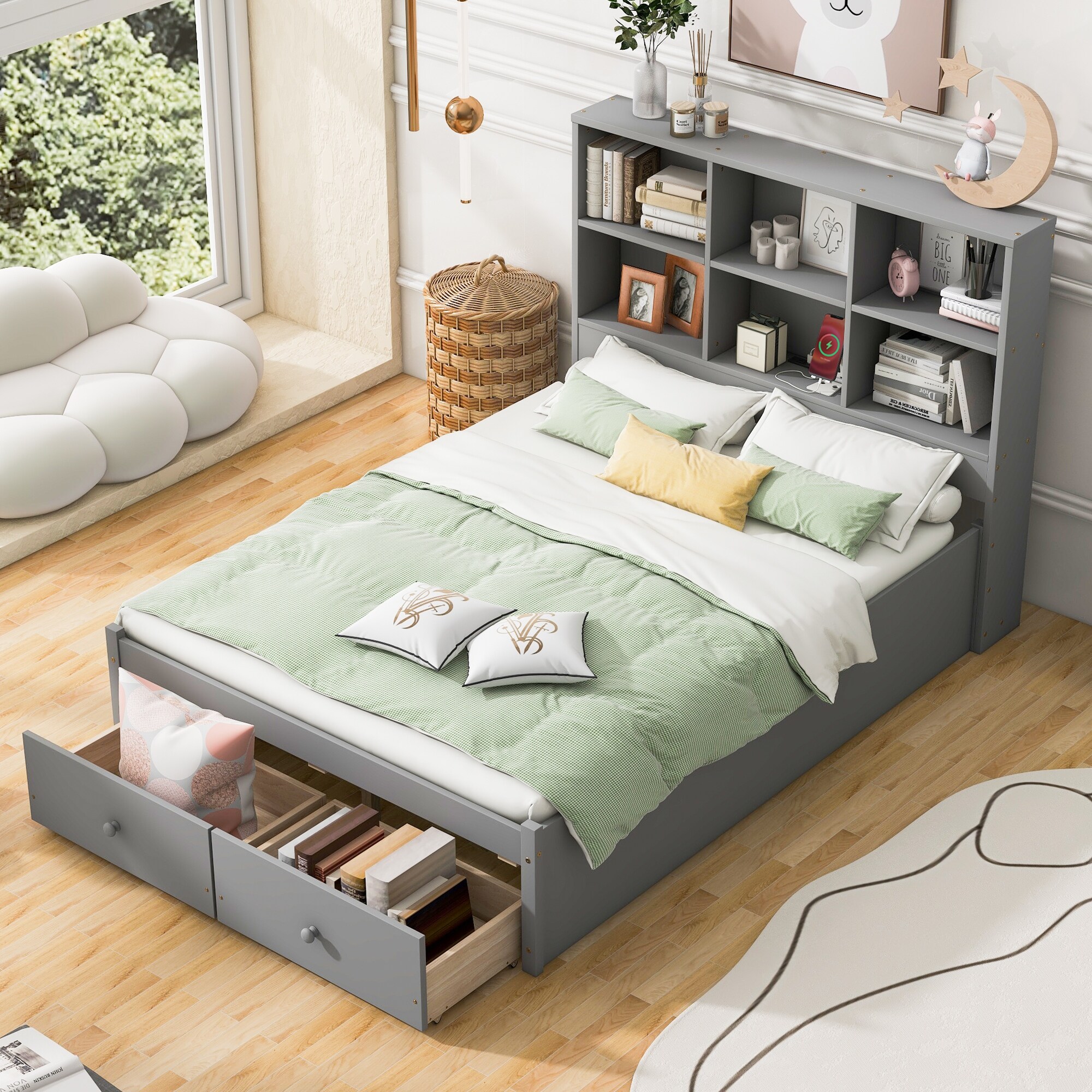 Full Size Storage Bed with Storage Headboard 2 Drawers Wood Platform Bed Frame w Charging Station for Kids Teens Adults Grey