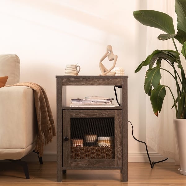 StorageWorks Farmhouse Nightstand with USB Ports & Power Outlets On