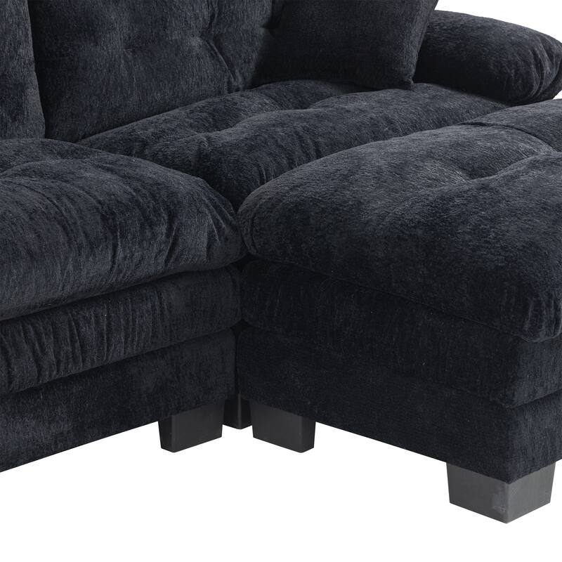 3-seat L Shaped Modular Sleeper Sofa, Dual-Layer Cushioning, Ottoman, 2 Pillows - Black for Living Room