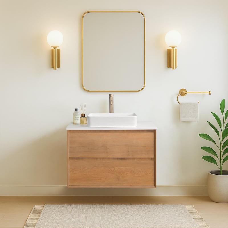 36"48"60"72"84" Floating Bathroom Vanity Quartz Counter Top with Round Ceramic Vessel Sink