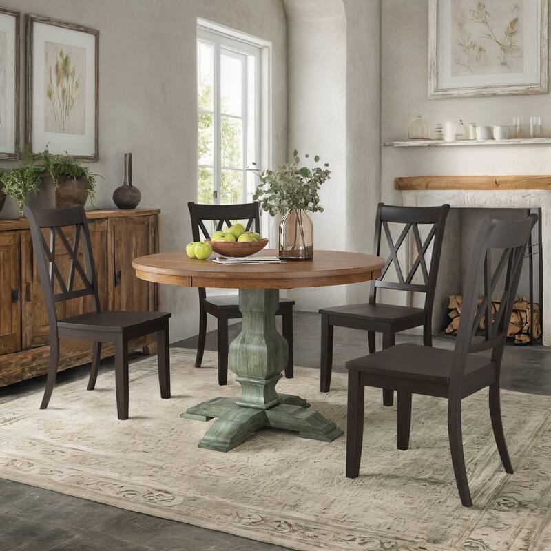 Ronda 45" Round Solid Wood Top Dining Set with X-Back Chairs - Antique Sage Green Table - Antique Black Chairs