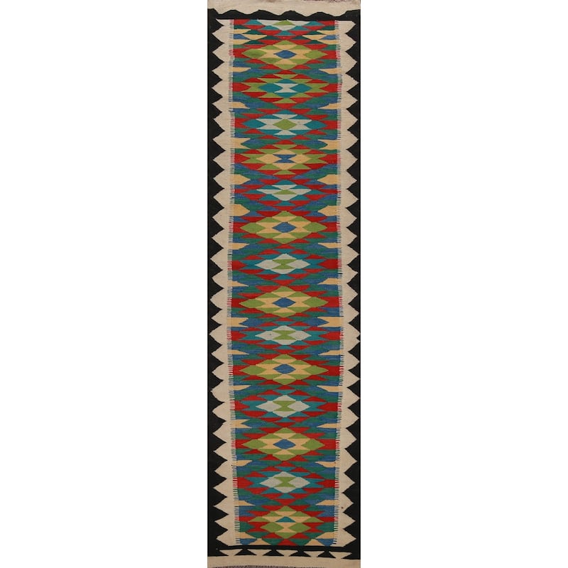 Hand Woven Oriental 100% Wool Carpet Southwestern Geometric Multi-Colored Kilim Runner Rug - 12' 8'' X 2' 8''