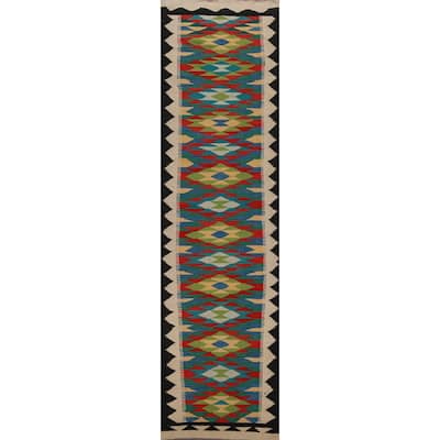 Hand Woven Oriental 100% Wool Carpet Southwestern Geometric Multi-Colored Kilim Runner Rug - 12' 8'' X 2' 8''