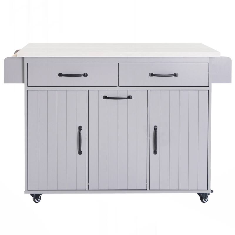 Kitchen Island with Trash Can Storage Cabinet, Kitchen Cart with Drop Leaf, Spice Rack