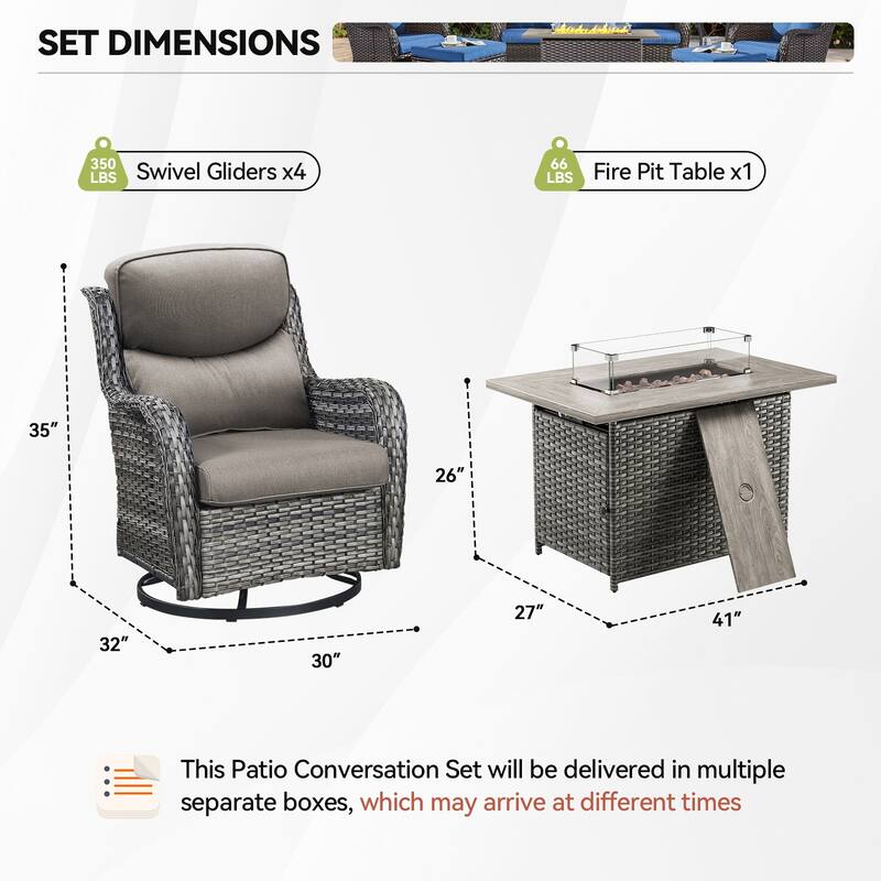 5 Pieces Outdoor Swivel Chairs Fire Pit Table with 5-Inch Thick Cushions