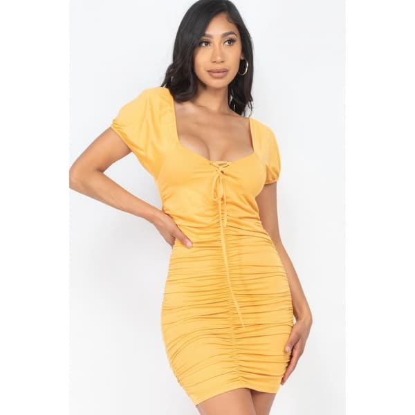 knee length dresses for ladies Eunice Beige Ruched Lace Up Mini Dress M / Neutrals main image 1
