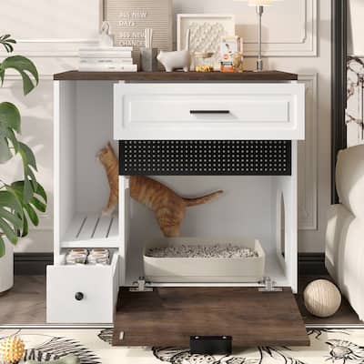 Cat Litter Box Enclosure, Indoor Hidden Cat Litter Box Furniture with 2 Drawers and Door